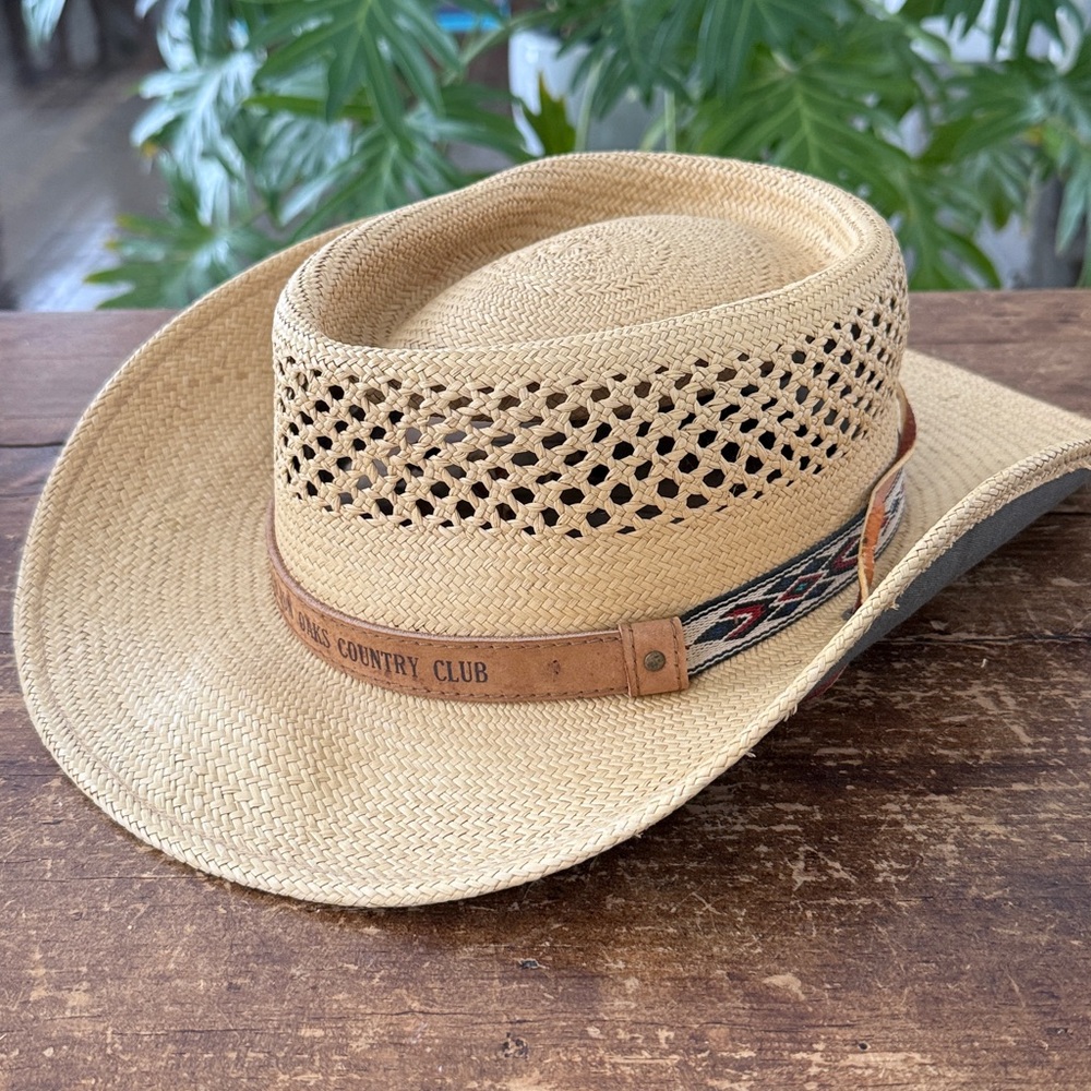 Vintage Carlton Oaks Country Club Straw Cowboy Hat Aztec Leather Band Ties - M/L - Picture 10 of 10